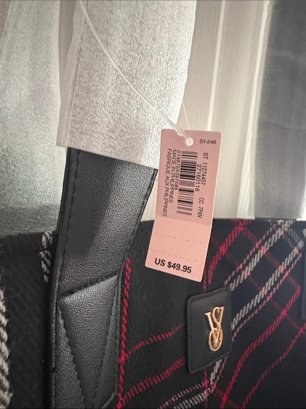 BNWT Victoria’s Secret Black Plaid Tote Bag with Red & White Accents